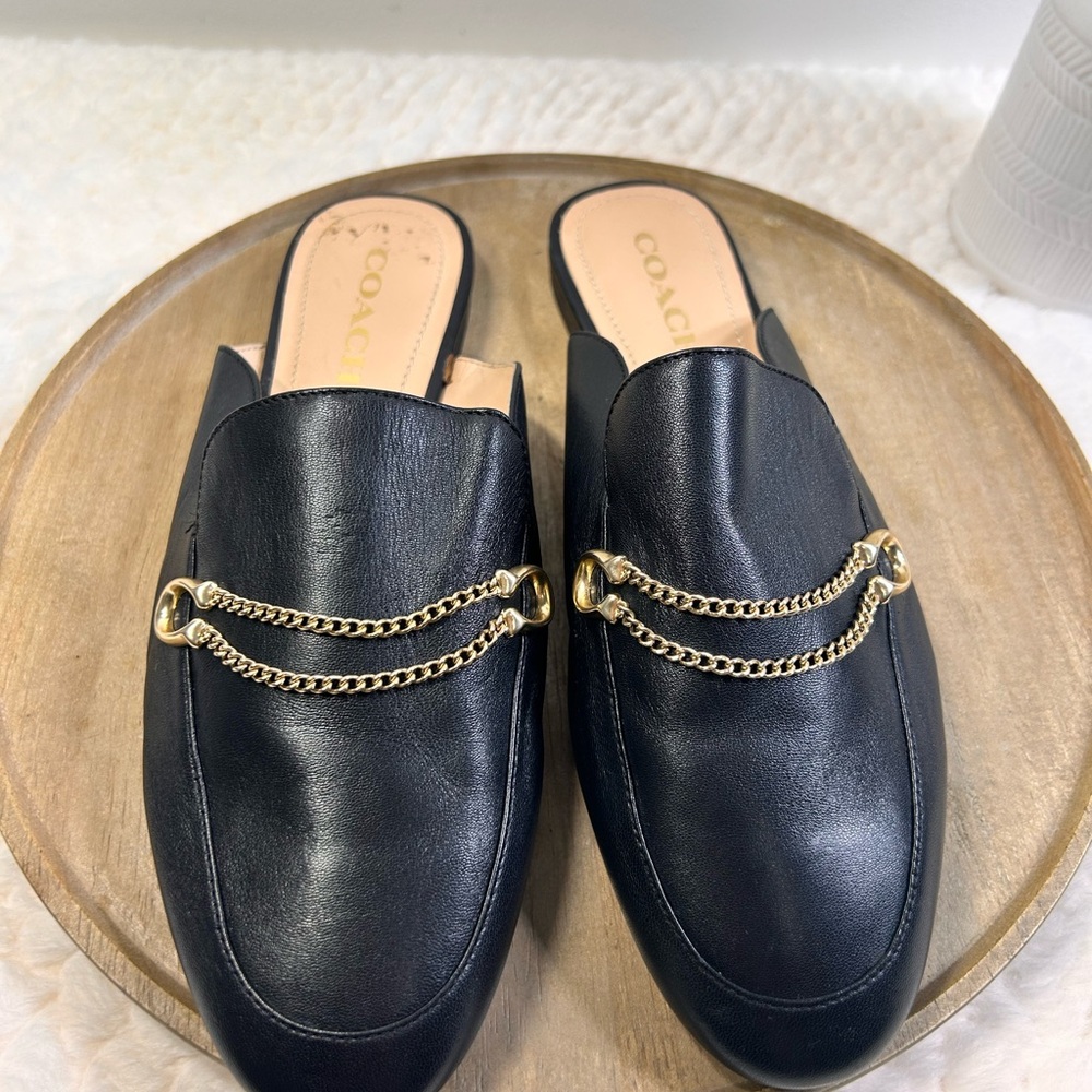 COACH Women's Sawyer Loafer Logo-Bit Mules Leather Black W/ Gold Chain.Sz 8 - Picture 3 of 7